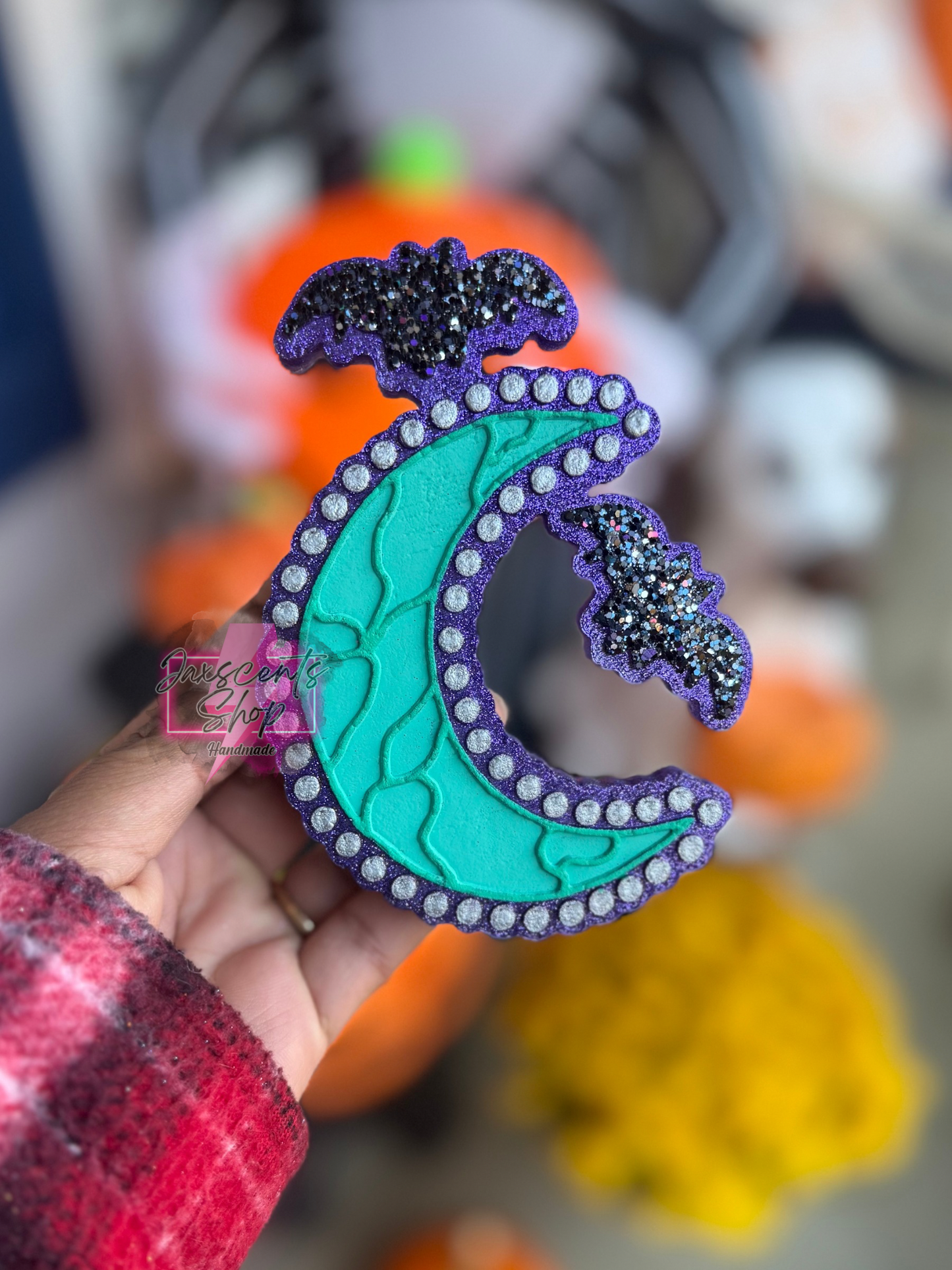 Turquoise Crescent Moon with Bats
