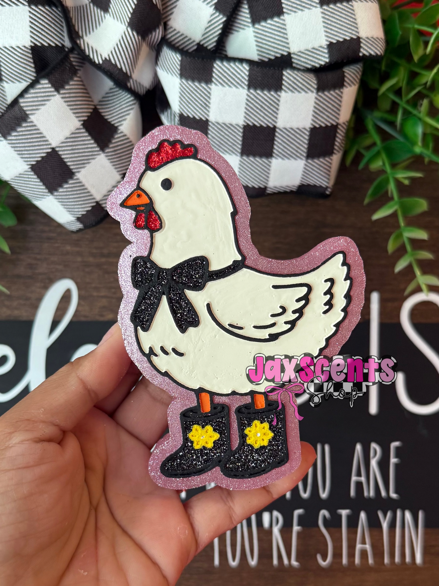 Chicken with Boots and Bow Car Freshie