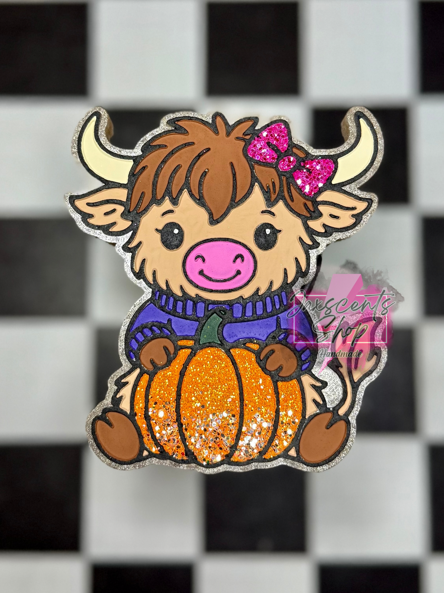 Cute Highland Cow In Sweater w/ Pumpkin
