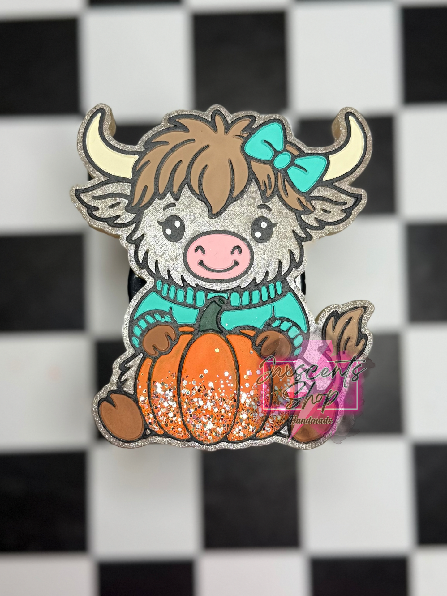Cute Highland Cow In Sweater w/ Pumpkin