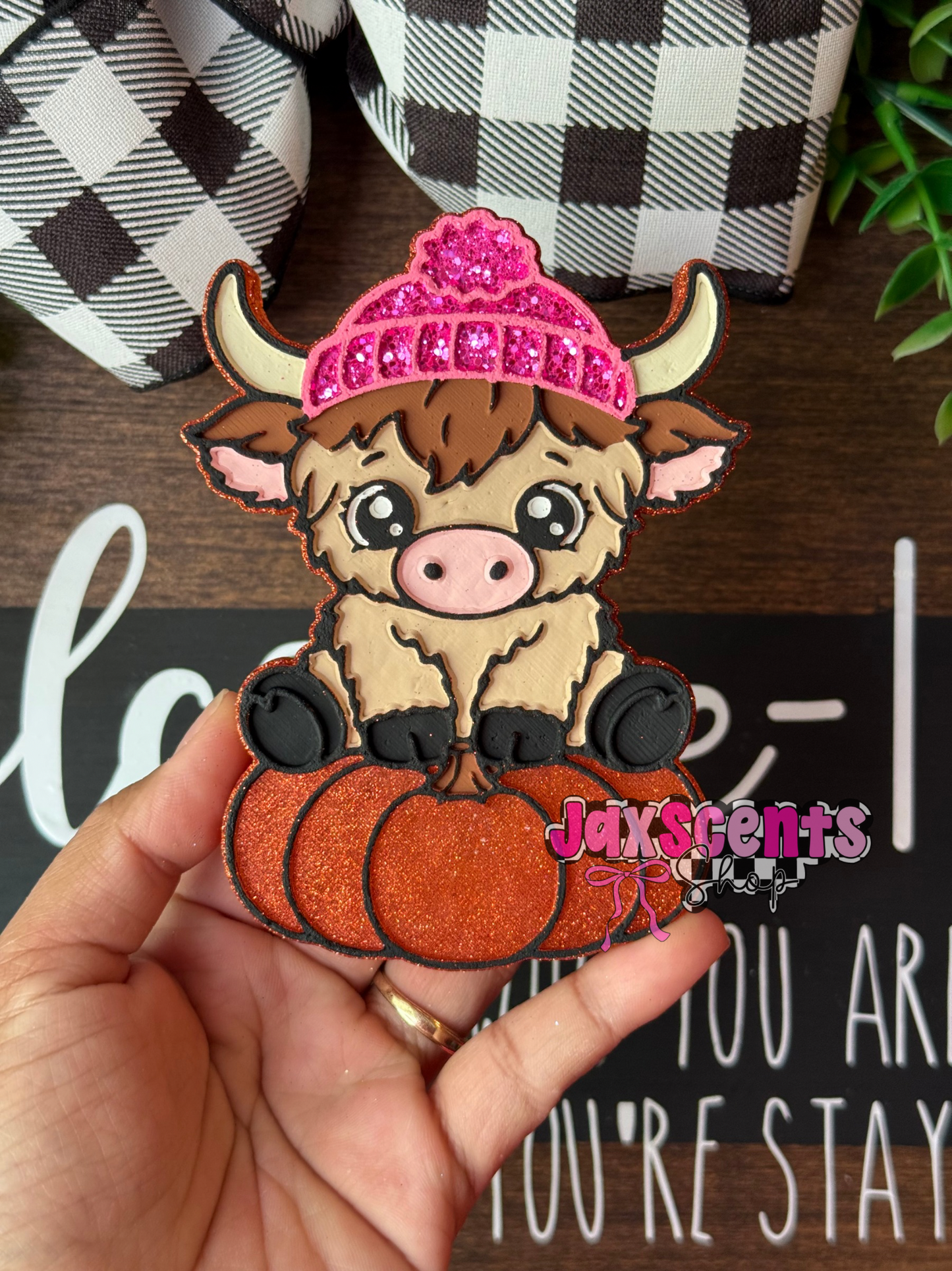 Highland Cow with Beanie on Pumpkin Car Freshie