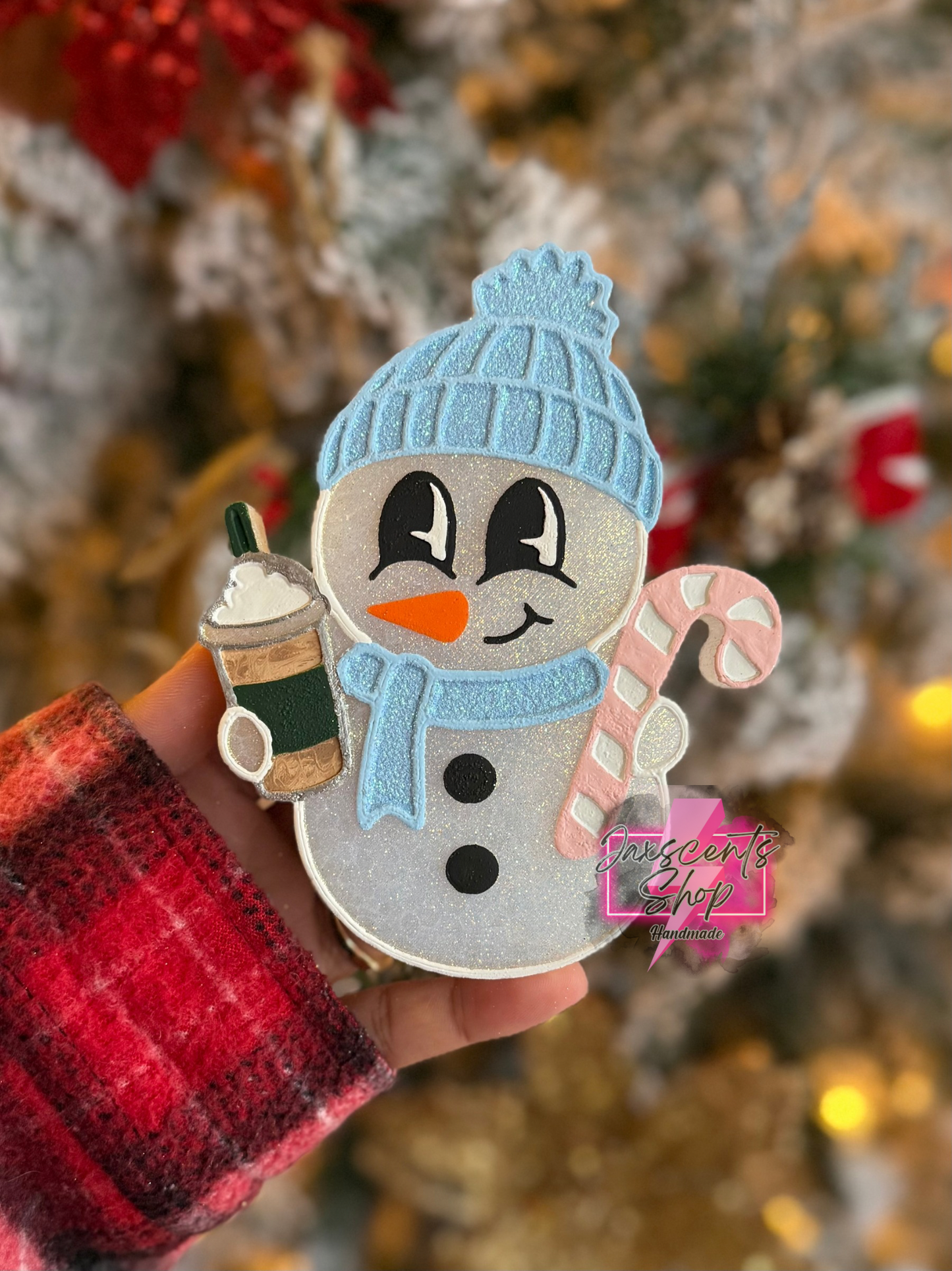 Snowman With Coffee And Candy Cane