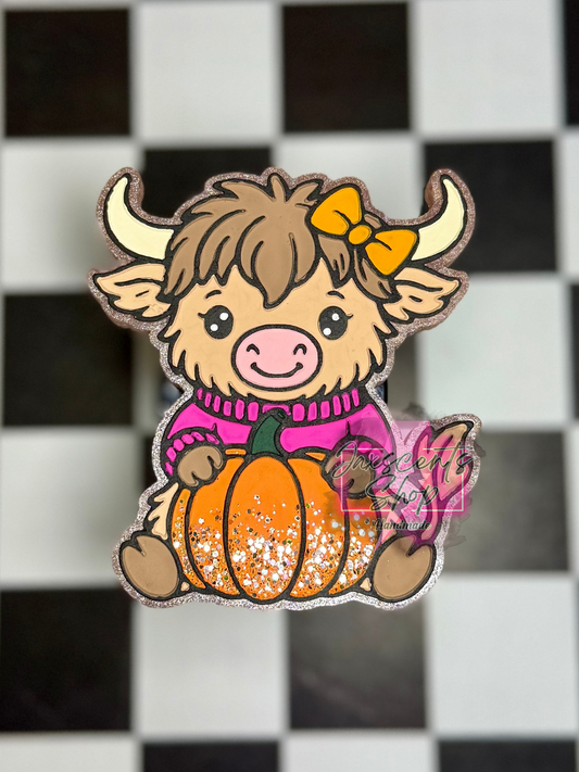 Cute Highland Cow In Sweater w/ Pumpkin
