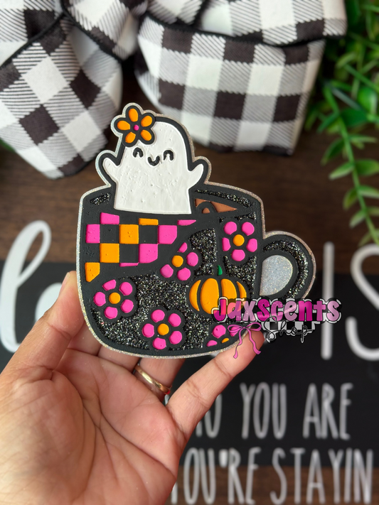 Checker and Flower Ghost Mug Car Freshie