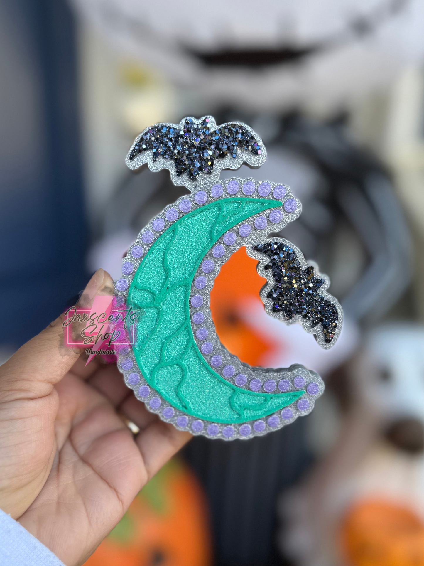 Turquoise Crescent Moon with Bats