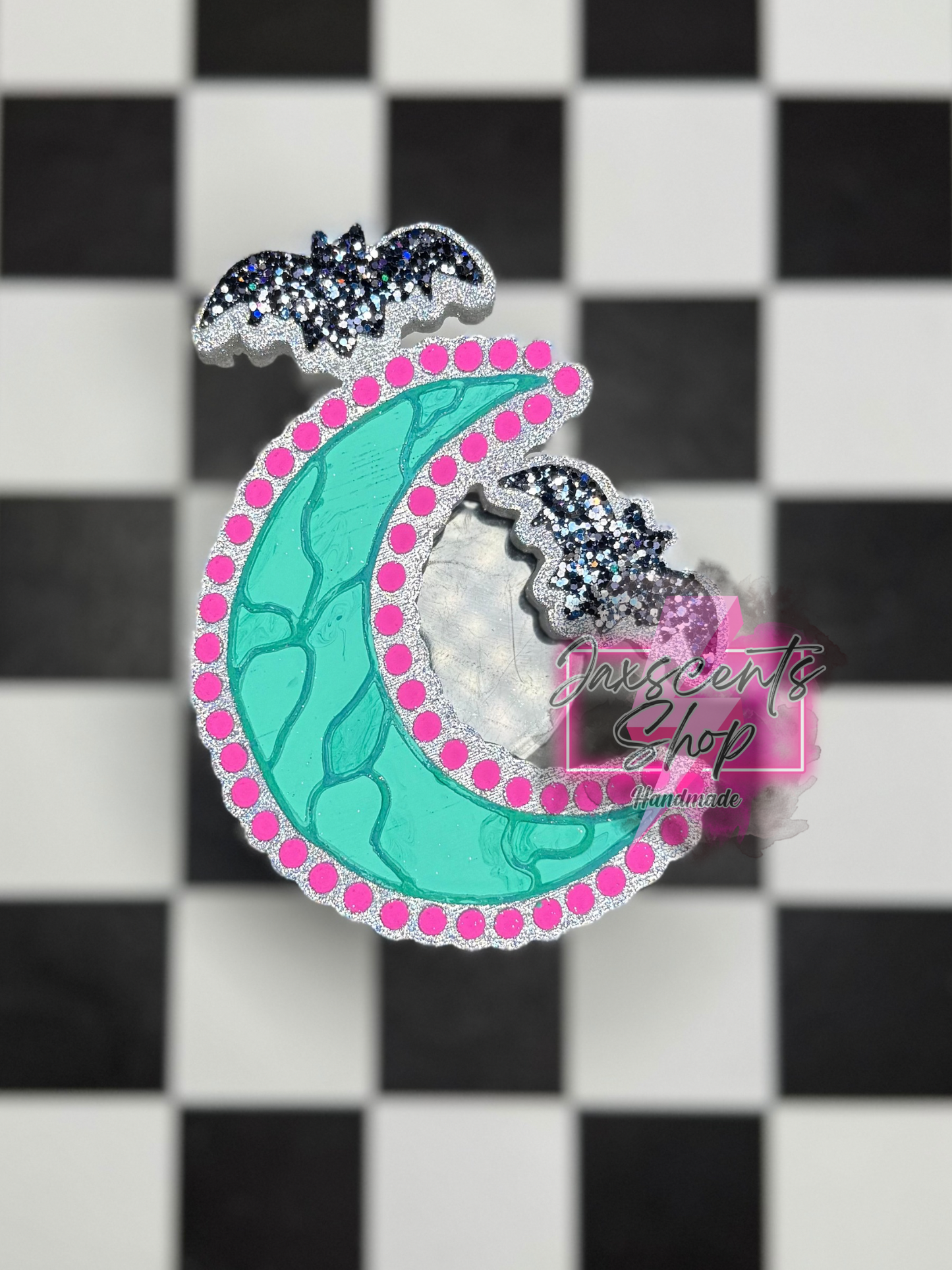 Turquoise Crescent Moon with Bats