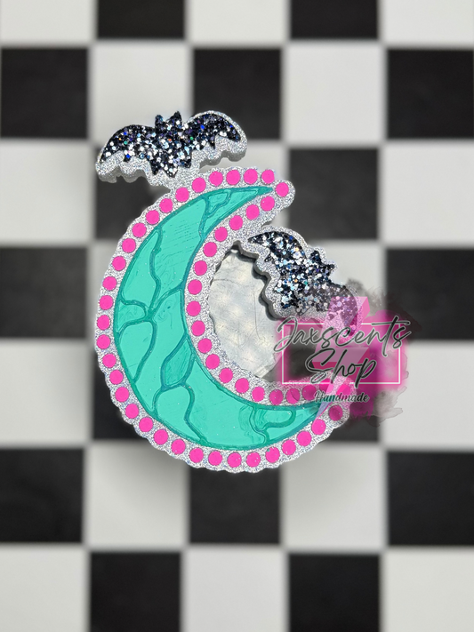 Turquoise Crescent Moon with Bats
