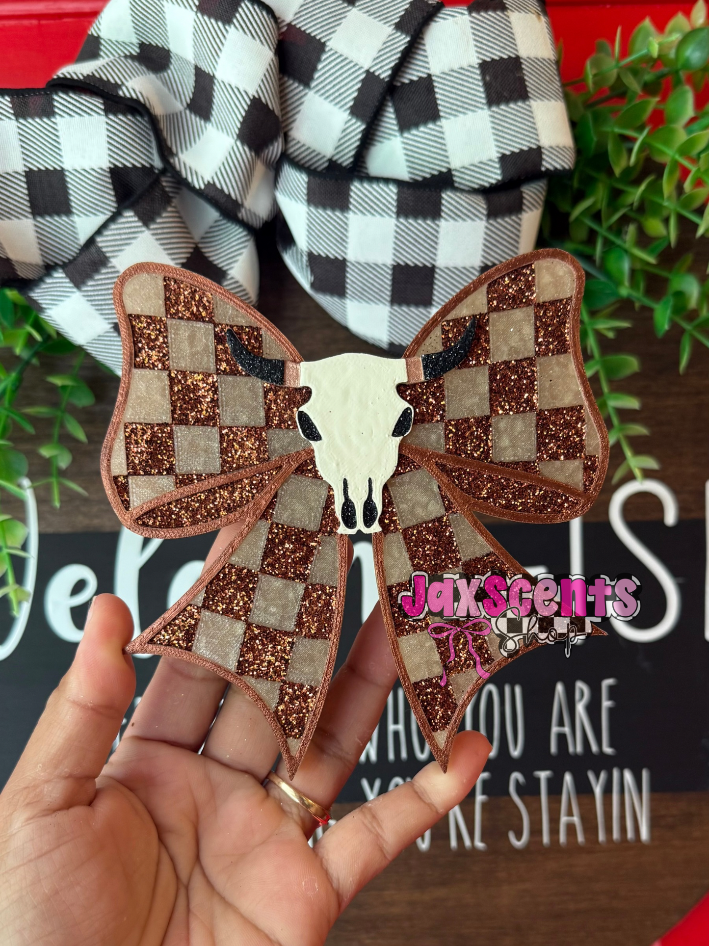 Bull Pendant Checkered Bow Car Freshie