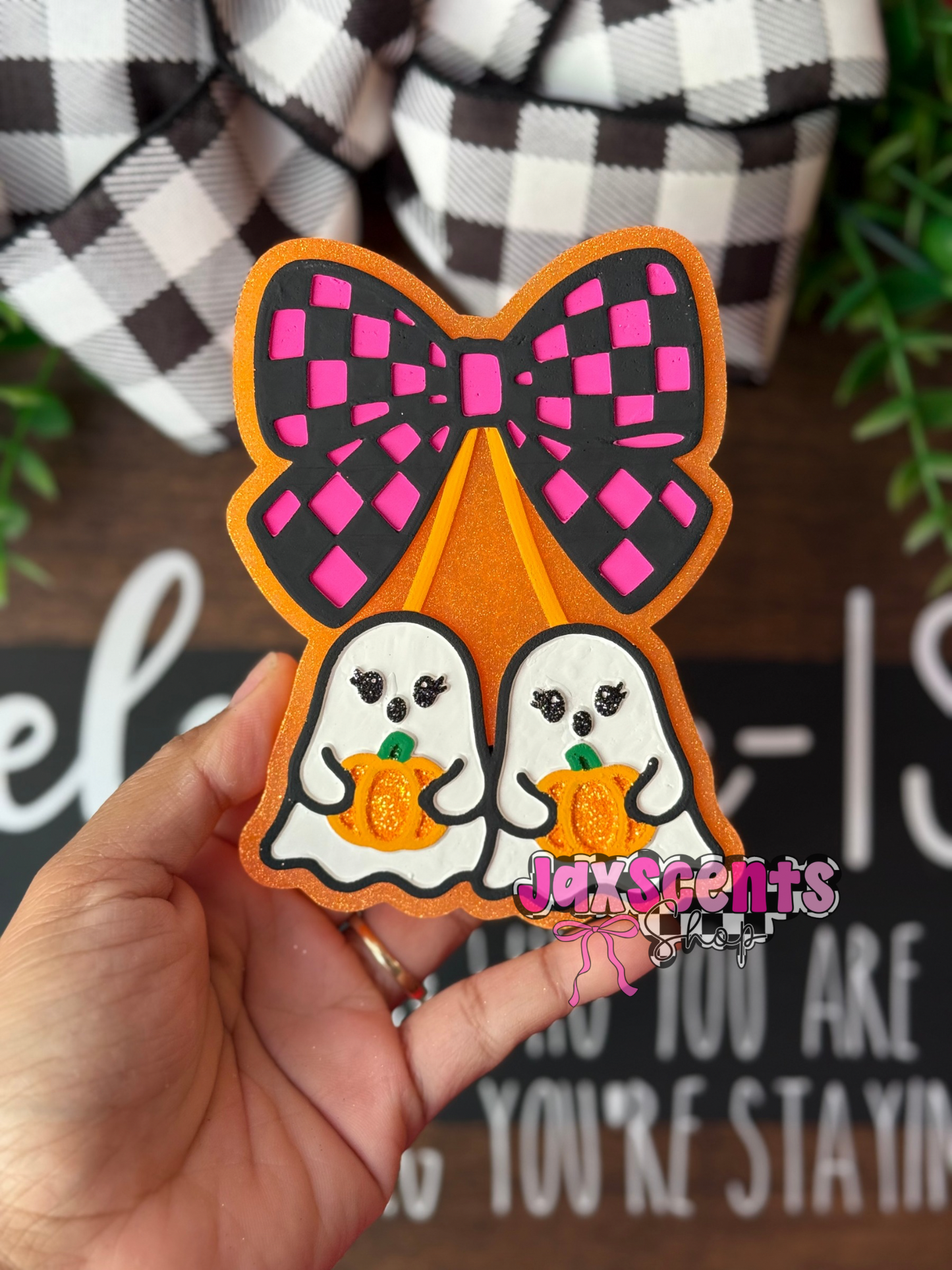 Checkered Bow Ghost Cherries with Pumpkins Car Freshie