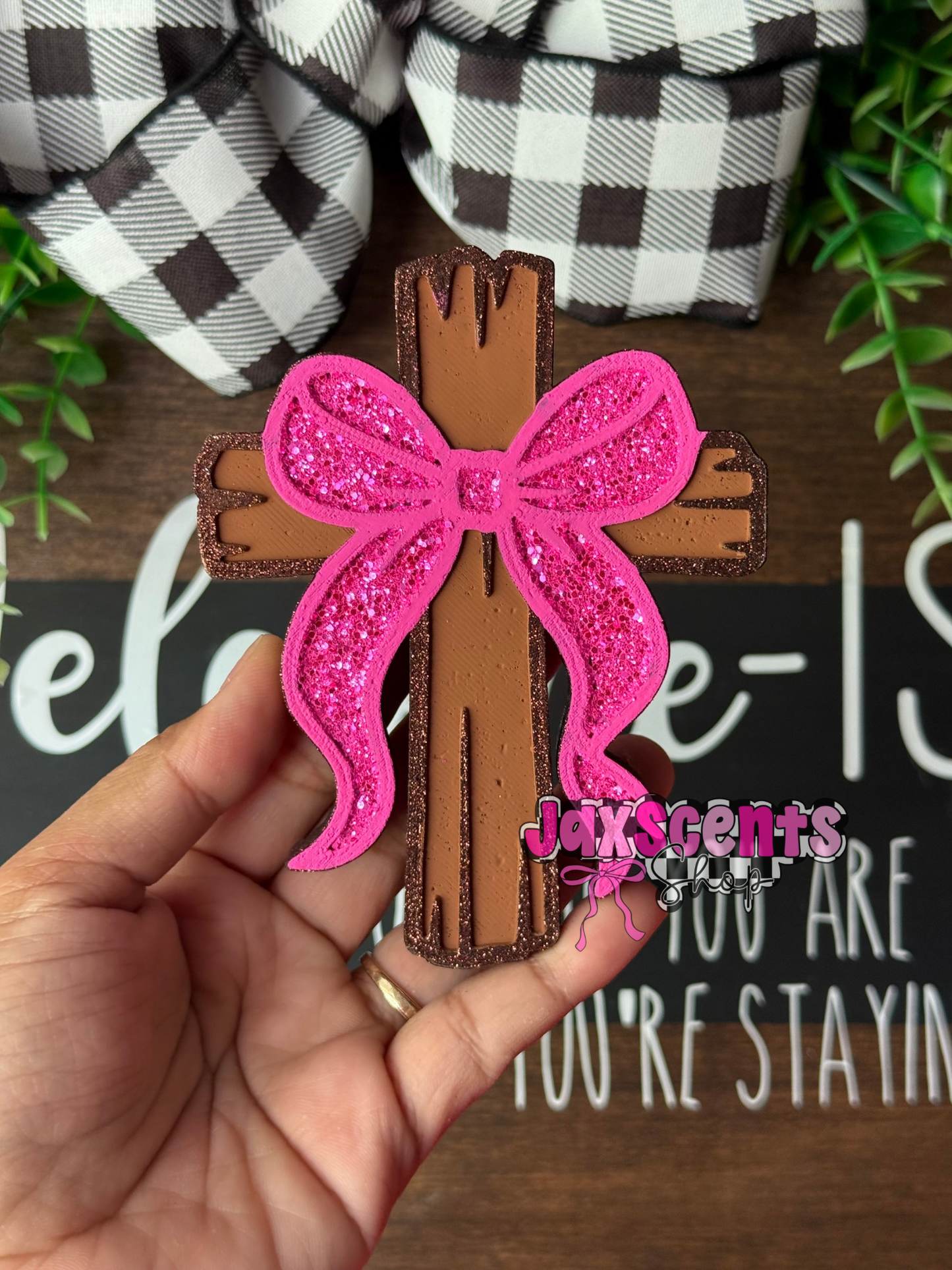 Wooden Cross With Bow Car Freshie