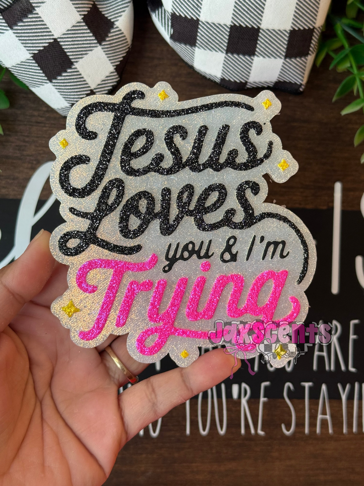 Jesus Loves You And I’m Trying Car Freshie