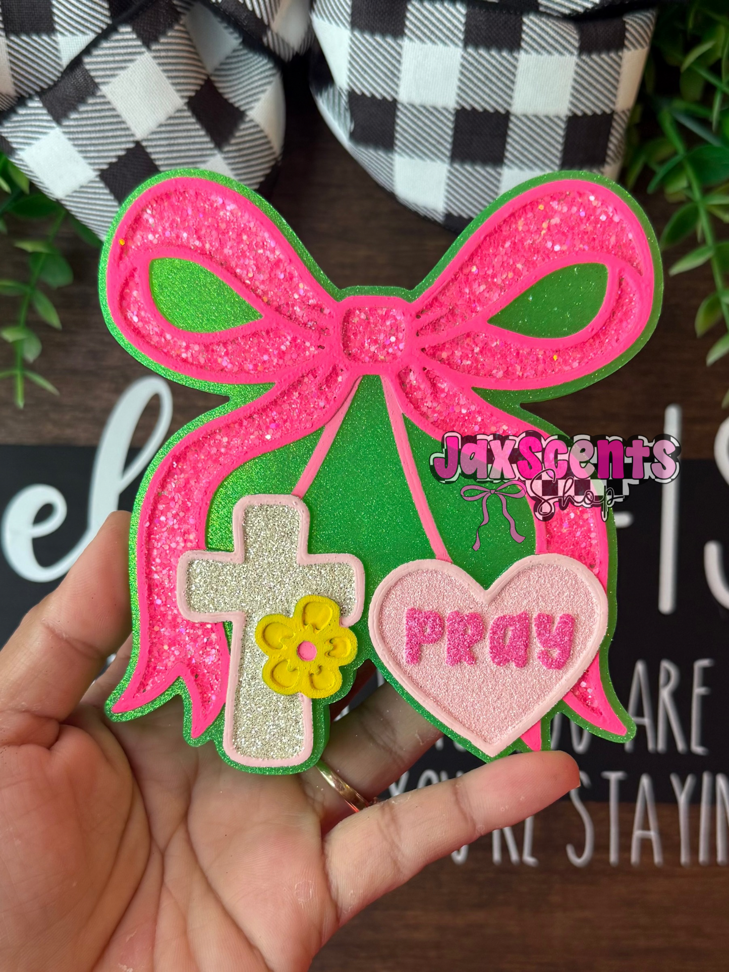 Pray Cross Cherries with Bow Car Freshie